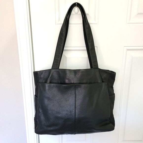 Fossil Black Leather Microfiber Medium Purse Tote Multi Compartment - Picture 1 of 14